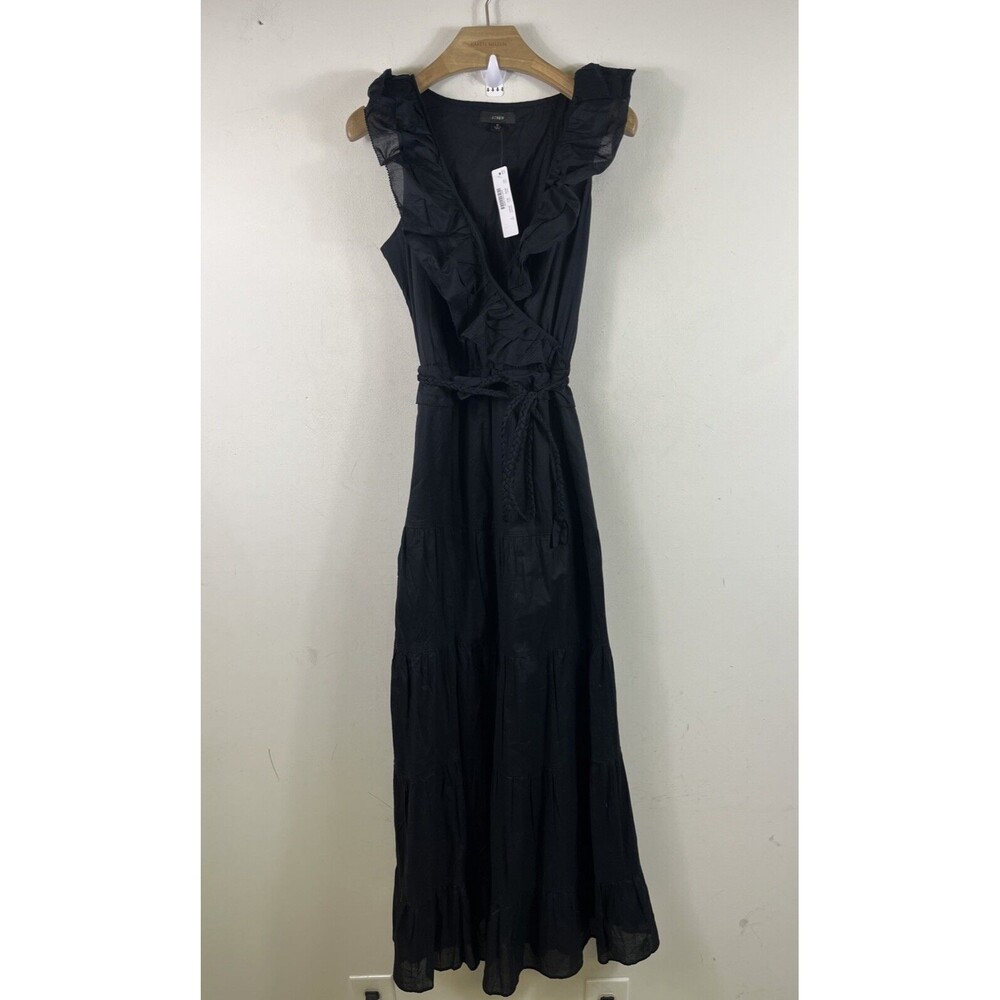 J Crew Ruffle-Front Maxi Dress w/ Braided Belt Tiered  Sz 0 NWT Black Goth Fairy